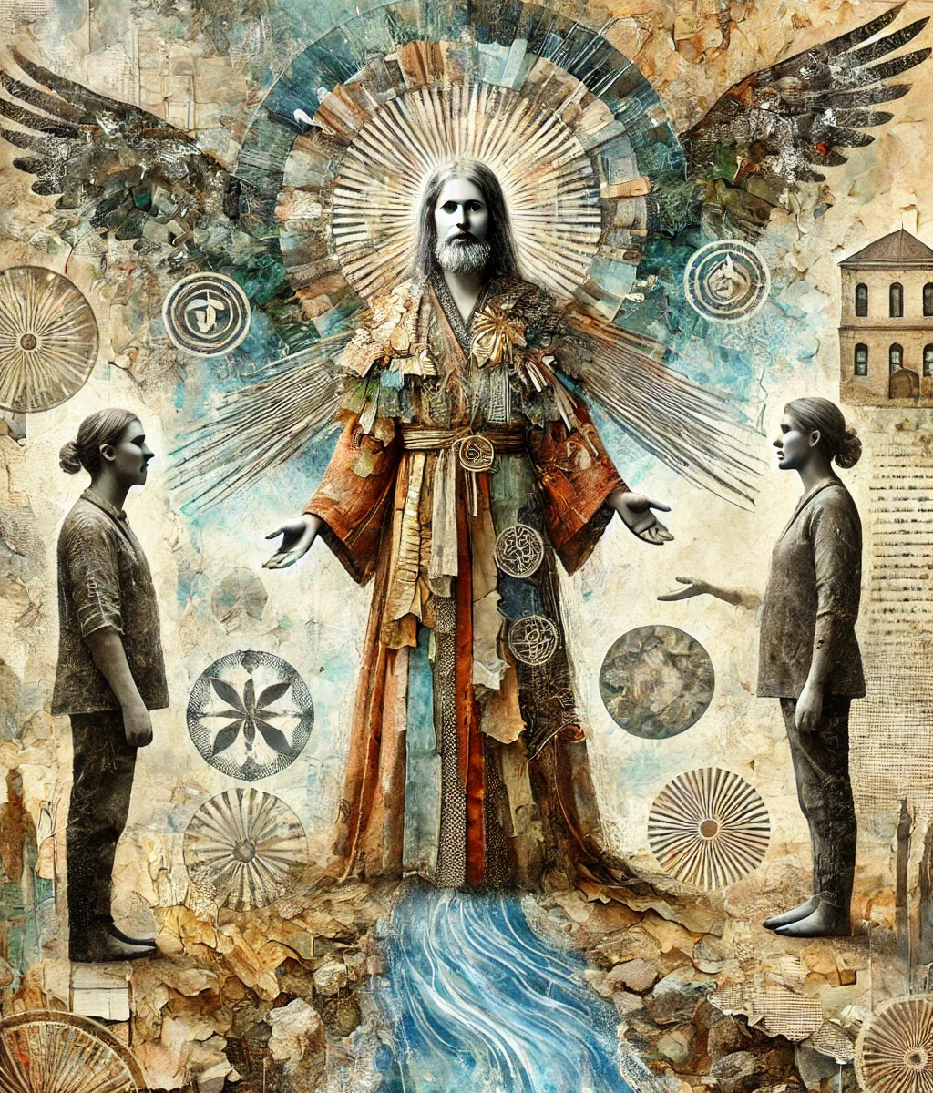 Symbolic artwork depicting the archetype of the Mediator. A serene central figure in flowing robes stands between two people, hands extended to each, with radiant wings and a halo-like aura behind. A river of light-blue water flows at their feet, symbolizing harmony and connection. Background elements include circular motifs, birds, and architectural details evoking balance, guidance, and reconciliation.