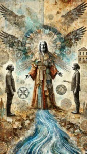 Symbolic artwork depicting the archetype of the Mediator. A serene central figure in flowing robes stands between two people, hands extended to each, with radiant wings and a halo-like aura behind. A river of light-blue water flows at their feet, symbolizing harmony and connection. Background elements include circular motifs, birds, and architectural details evoking balance, guidance, and reconciliation.