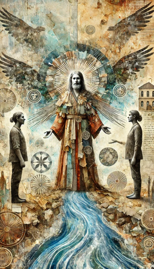 Symbolic artwork depicting the archetype of the Mediator. A serene central figure in flowing robes stands between two people, hands extended to each, with radiant wings and a halo-like aura behind. A river of light-blue water flows at their feet, symbolizing harmony and connection. Background elements include circular motifs, birds, and architectural details evoking balance, guidance, and reconciliation.