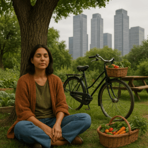 A woman sits peacefully under a tree beside a vegetable garden, surrounded by signs of slow, intentional living, with towering city buildings in the background.