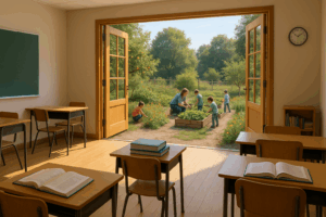 A bright classroom opens onto a flourishing community garden, where children and a teacher tend vegetables and fruit trees. The scene contrasts desks and books inside with hands-on learning in nature, symbolizing education that integrates ecological awareness and community connection.