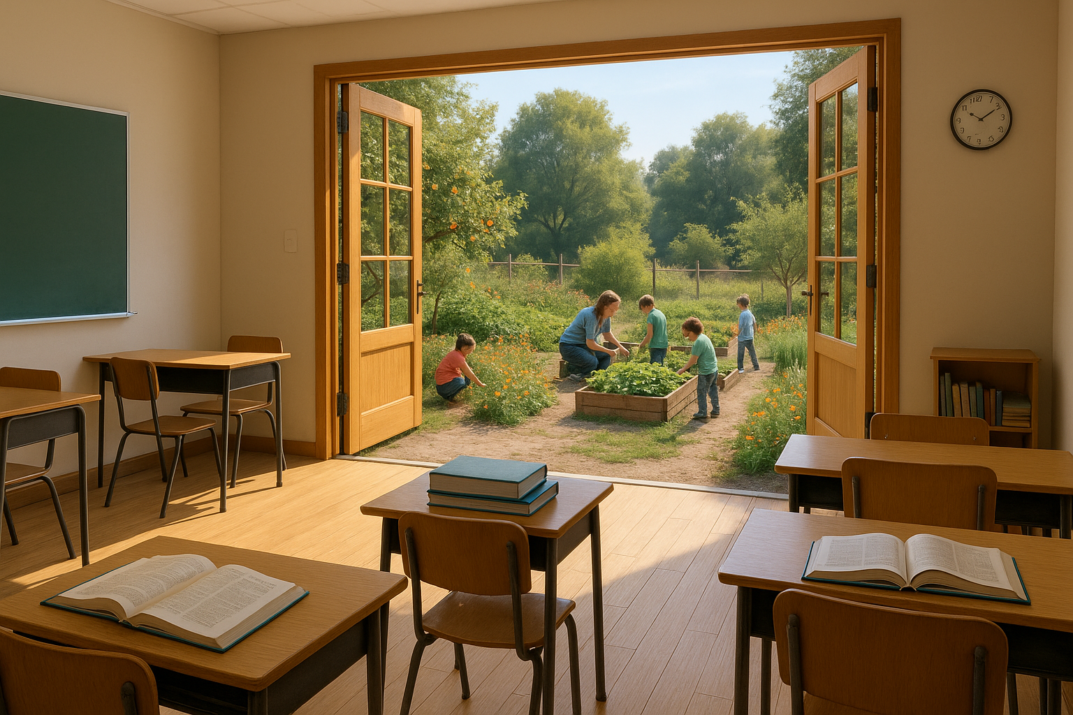 A bright classroom opens onto a flourishing community garden, where children and a teacher tend vegetables and fruit trees. The scene contrasts desks and books inside with hands-on learning in nature, symbolizing education that integrates ecological awareness and community connection.