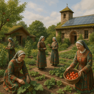 Nuns in colourful embroidered patchwork habits work together in a rustic eco-convent garden with stone and wooden buildings, solar panels, and fruit trees, symbolizing ecological spirituality and sustainable community living.