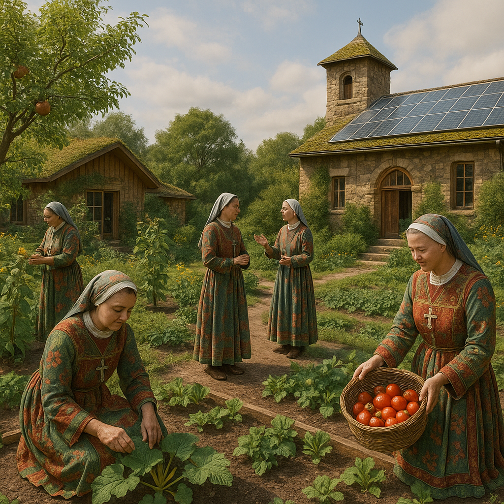 Nuns in colourful embroidered patchwork habits work together in a rustic eco-convent garden with stone and wooden buildings, solar panels, and fruit trees, symbolizing ecological spirituality and sustainable community living.