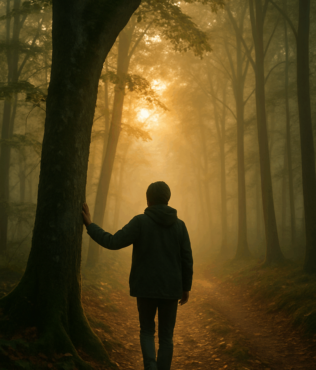 A solitary figure walking through a peaceful, misty forest at sunrise, gently placing a hand on the trunk of a tree - a quiet moment of presence and connection with nature.