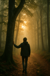 A solitary figure walking through a peaceful, misty forest at sunrise, gently placing a hand on the trunk of a tree - a quiet moment of presence and connection with nature.