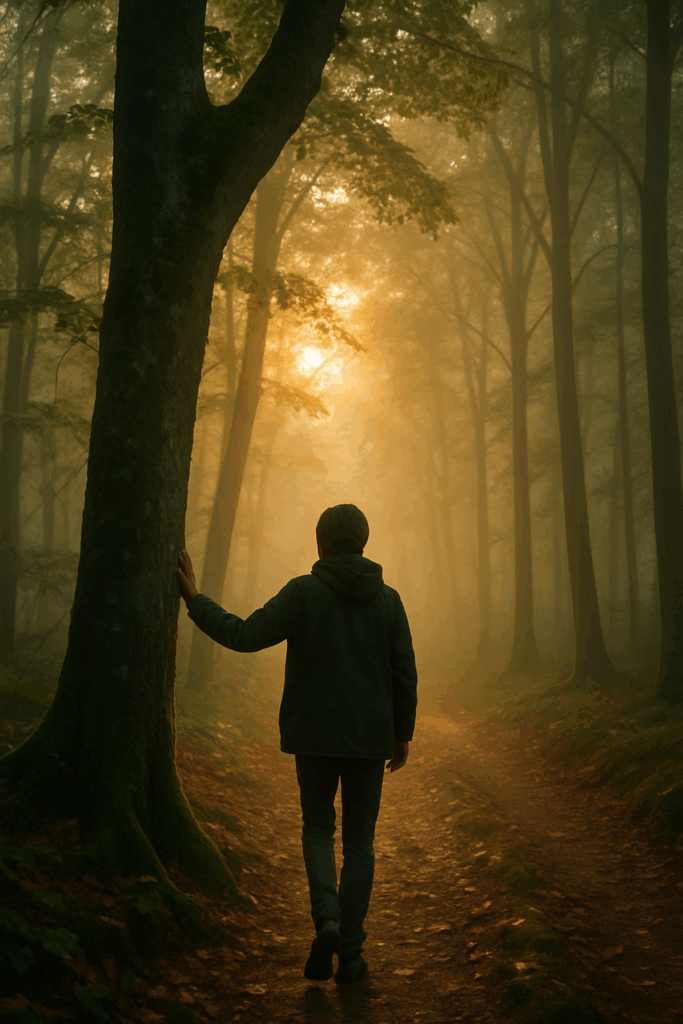 A solitary figure walking through a peaceful, misty forest at sunrise, gently placing a hand on the trunk of a tree - a quiet moment of presence and connection with nature.