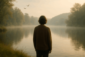 A person with shoulder-length hair wearing a brown sweater stands at the edge of a calm river, gazing across the misty water. Morning light filters through trees on both sides of the river, and two birds fly overhead, creating a peaceful, contemplative atmosphere