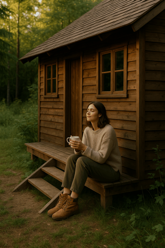 A person sits on the steps of a small wooden hut surrounded by greenery, holding a cup of tea and gazing into the distance — a peaceful image of solitude and reflection in nature.