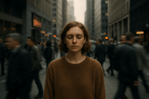 A young woman with short brown hair stands still in the middle of a busy city street, eyes closed and calm, while people rush past her in motion blur. The scene conveys a sense of sensitivity, introspection, and inner peace amid chaos.