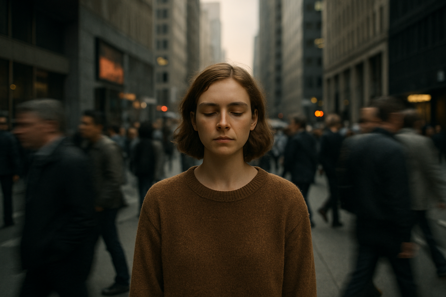 A young woman with short brown hair stands still in the middle of a busy city street, eyes closed and calm, while people rush past her in motion blur. The scene conveys a sense of sensitivity, introspection, and inner peace amid chaos.