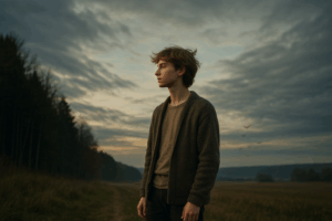 A young person stands in a quiet rural landscape at dusk, gazing thoughtfully toward the horizon. The sky is filled with dramatic clouds tinged by soft evening light, and a few birds fly in the distance. The person wears a textured cardigan and neutral-toned clothes, evoking a calm, introspective mood against the natural backdrop of fields and forest.