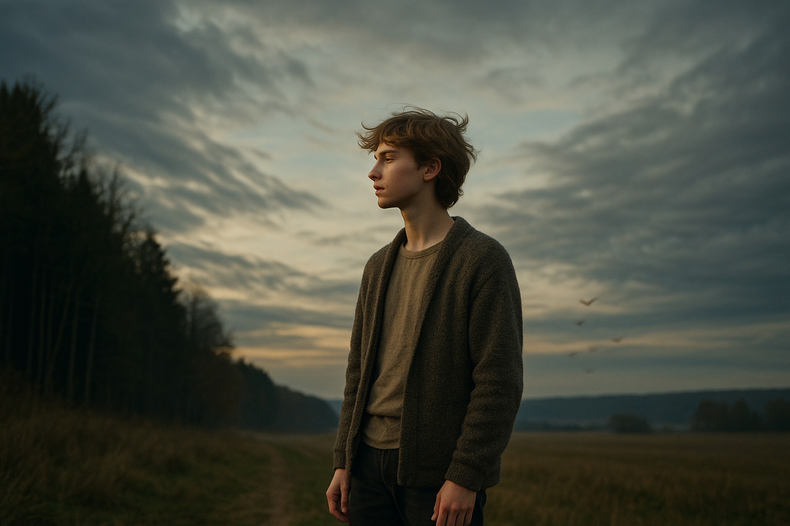 A young person stands in a quiet rural landscape at dusk, gazing thoughtfully toward the horizon. The sky is filled with dramatic clouds tinged by soft evening light, and a few birds fly in the distance. The person wears a textured cardigan and neutral-toned clothes, evoking a calm, introspective mood against the natural backdrop of fields and forest.