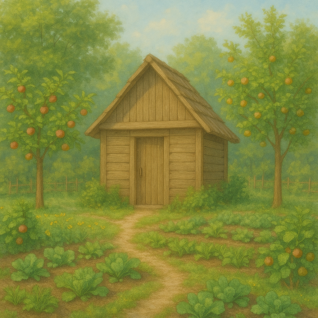 Peaceful garden scene with a small wooden shed surrounded by lush green vegetable beds and fruit trees heavy with ripe apples, under a soft blue sky with gentle sunlight