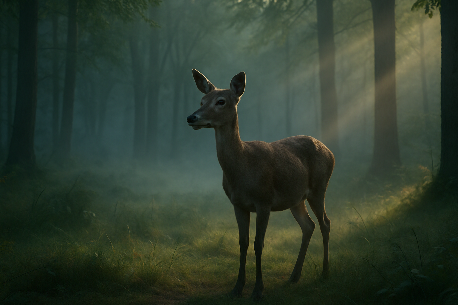 A deer stands quietly in a misty forest, bathed in soft early morning light streaming through the trees. The atmosphere feels calm and ethereal, evoking sensitivity, stillness, and connection with nature.