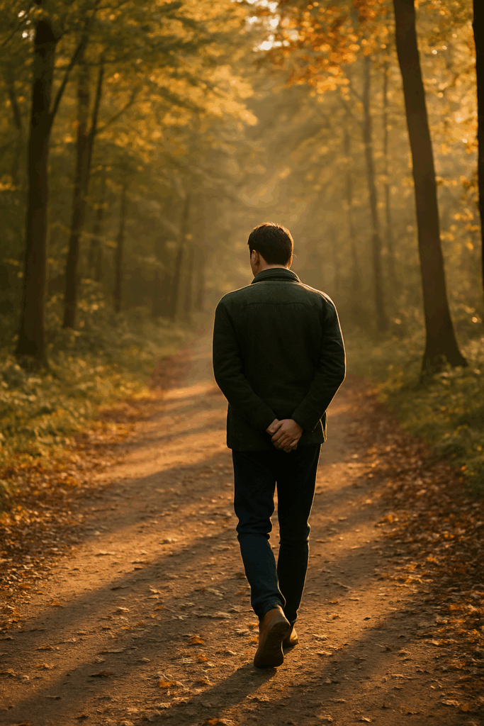 A man walks slowly along a sunlit forest path with hands clasped behind his back, surrounded by tall trees and golden autumn light, evoking reflection and calm.