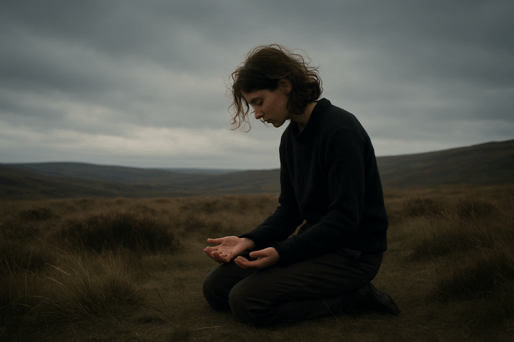 A young person with short, curly hair kneels alone on a windswept moor under a heavy grey sky. They look down at their open hands, held gently in front of them, as if in reflection or quiet sorrow. The surrounding landscape is empty, muted, and expansive, conveying a sense of solitude and introspection.