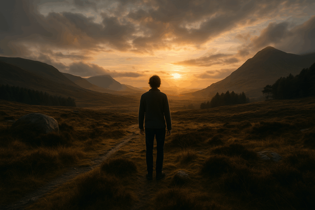 A person stands alone on a narrow path in a wide, open valley at sunset, facing the glowing sun on the horizon. Soft golden light illuminates the rolling hills, dark silhouettes of mountains, and patches of heather and grass. The sky is filled with dramatic clouds, creating a quiet, contemplative atmosphere.
