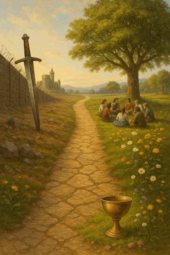 Symbolic crossroads showing two worldviews: on the left, a dark walled fortress with a giant sword symbolising domination; on the right, a vibrant meadow where people gather in a circle under a tree, with a golden chalice in the foreground representing partnership, community, and reverence for life.