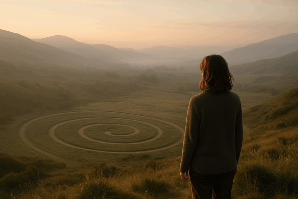 A woman stands on a grassy ridge at dawn, looking down over a wide valley where a spiral path curves across the landscape under soft, misty light.