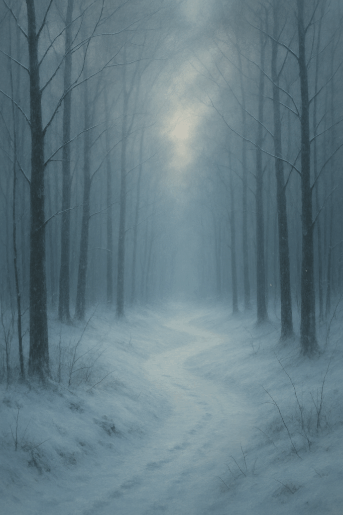 A serene winter forest scene with tall, bare trees lining a winding snow-covered path. Soft, misty light filters through the pale blue haze, creating a quiet, contemplative atmosphere that evokes stillness and introspection.