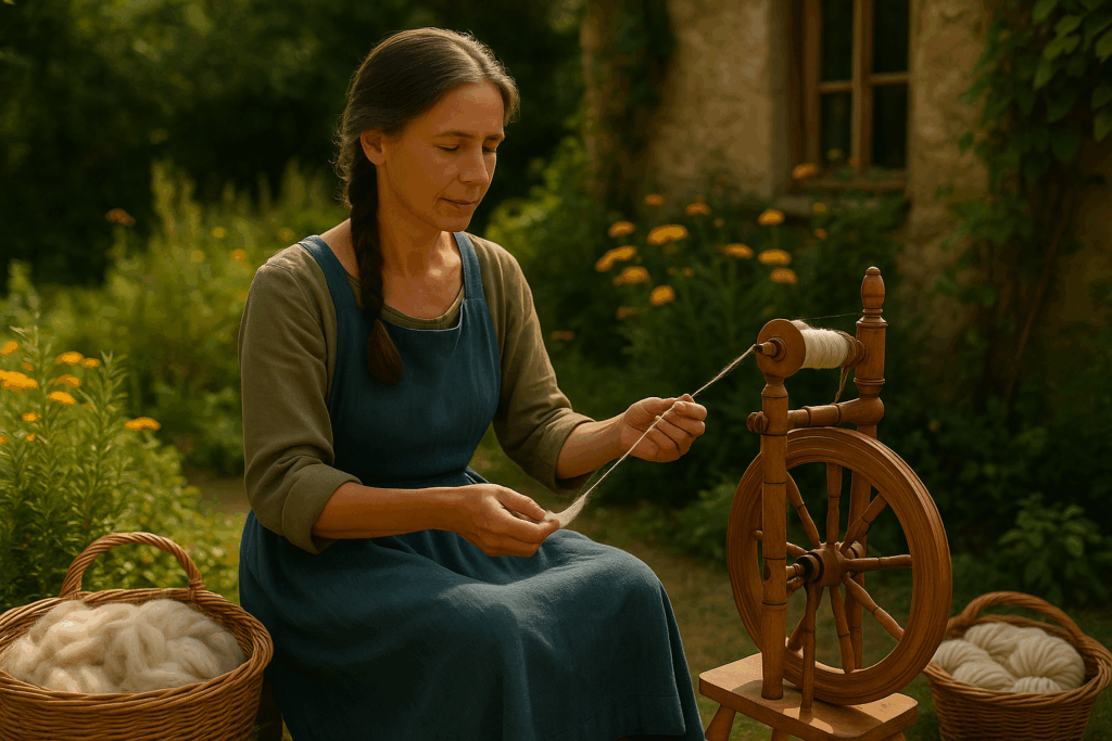 A woman with a long braid sits outdoors on a sunny day, calmly spinning wool on a wooden spinning wheel. She wears a simple blue pinafore over a long-sleeved top, with baskets of unspun wool beside her. Yellow flowers and greenery surround her, creating a peaceful, rustic atmosphere.